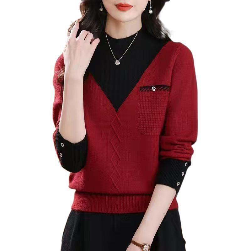 Medium mother bottoming shirt, semi-turtleneck color matching sweater, new autumn and winter models with thickened knitted tops