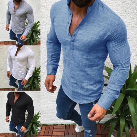 

Мужская рубашка, однотонный облегающий воротник-стойка, цветной весенний топ для повседневного ношения