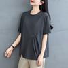 Dimanaf 2025 Summer Plus Size Tops Cotton O-Neck T-Shirt Solid Asymmetrical Women Short Sleeve Loose Tees