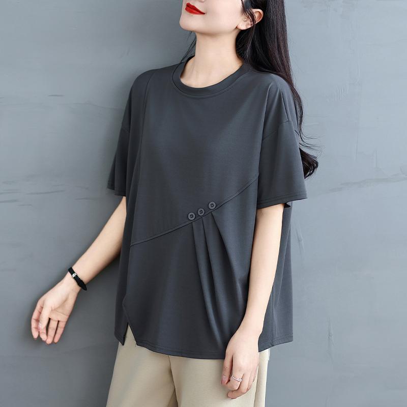 Dimanaf 2025 Summer Plus Size Tops Cotton O-Neck T-Shirt Solid Asymmetrical Women Short Sleeve Loose Tees