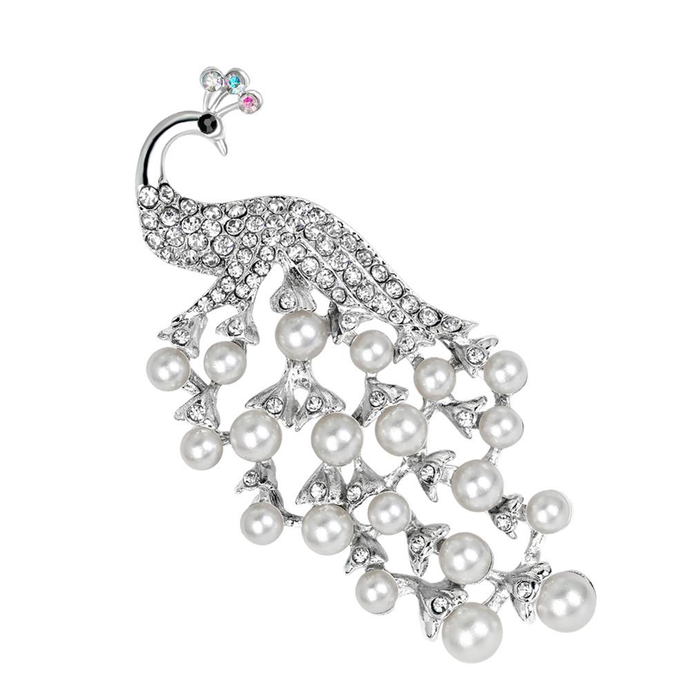 Women Girls Refined Brooches Fashionable High-end White Pearl Peacock Elegant Sparkling Rhinestone Breastpin Pin