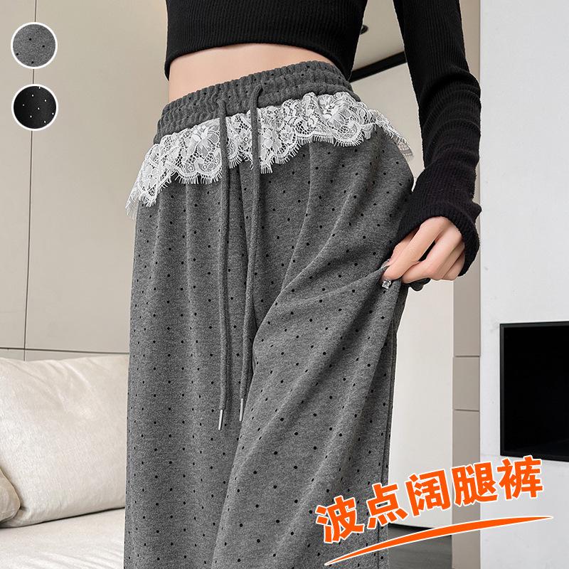 Spring 2025 Women's High-Waist Polka Dot Wide-Leg Sweatpants with Lace Trim