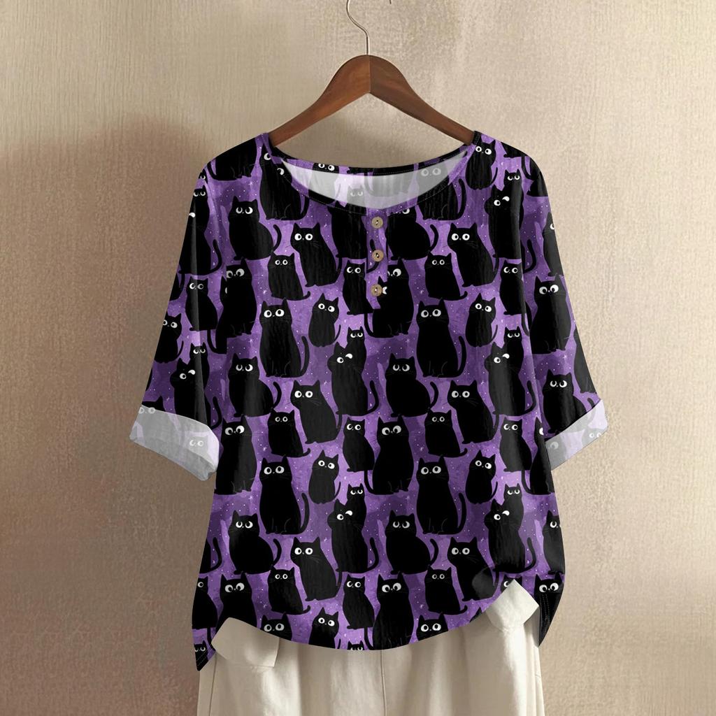 Top Casual da Donna a Manica Media Girocollo con Stampa di Halloween in Cotone e Lino