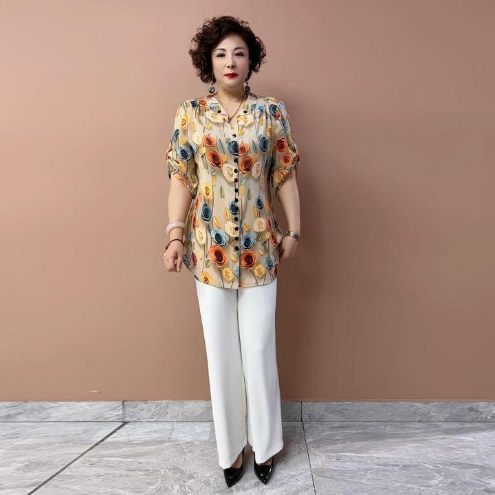 Summer Women's Floral Silk Shirt  Loose V-neck Plus-size Blouse