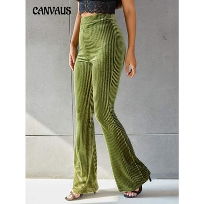 Women's New Fashion Sexy Pure Colour High Waisted Golden Velvet Pit-stripe Flared Trousers