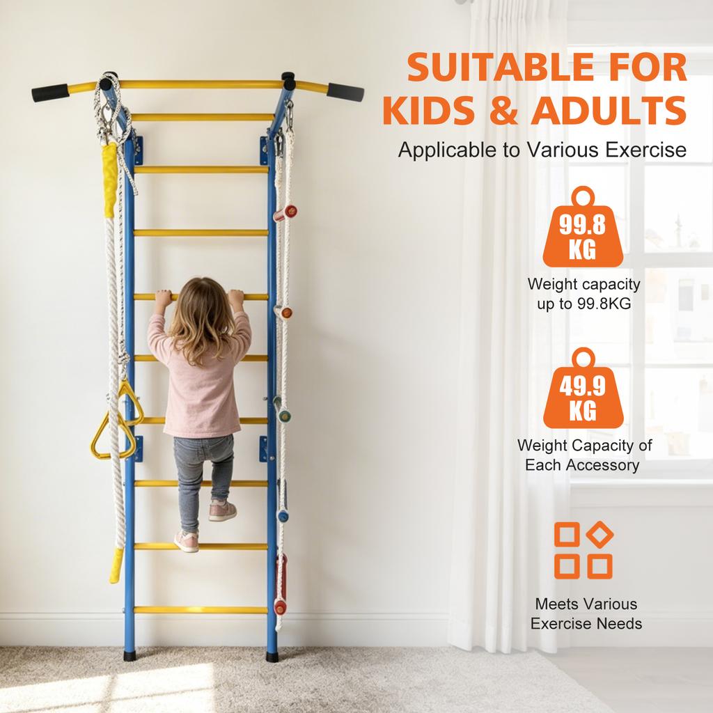Giochi da Arrampicata 5 in 1 per Bambini Piccoli, Palestrina Indoor per Esercizio, Set Parete Scala in Acciaio con Sbarra per Trazioni, Corda, Anelli da Ginnastica, Regalo per Bambini e Bambine