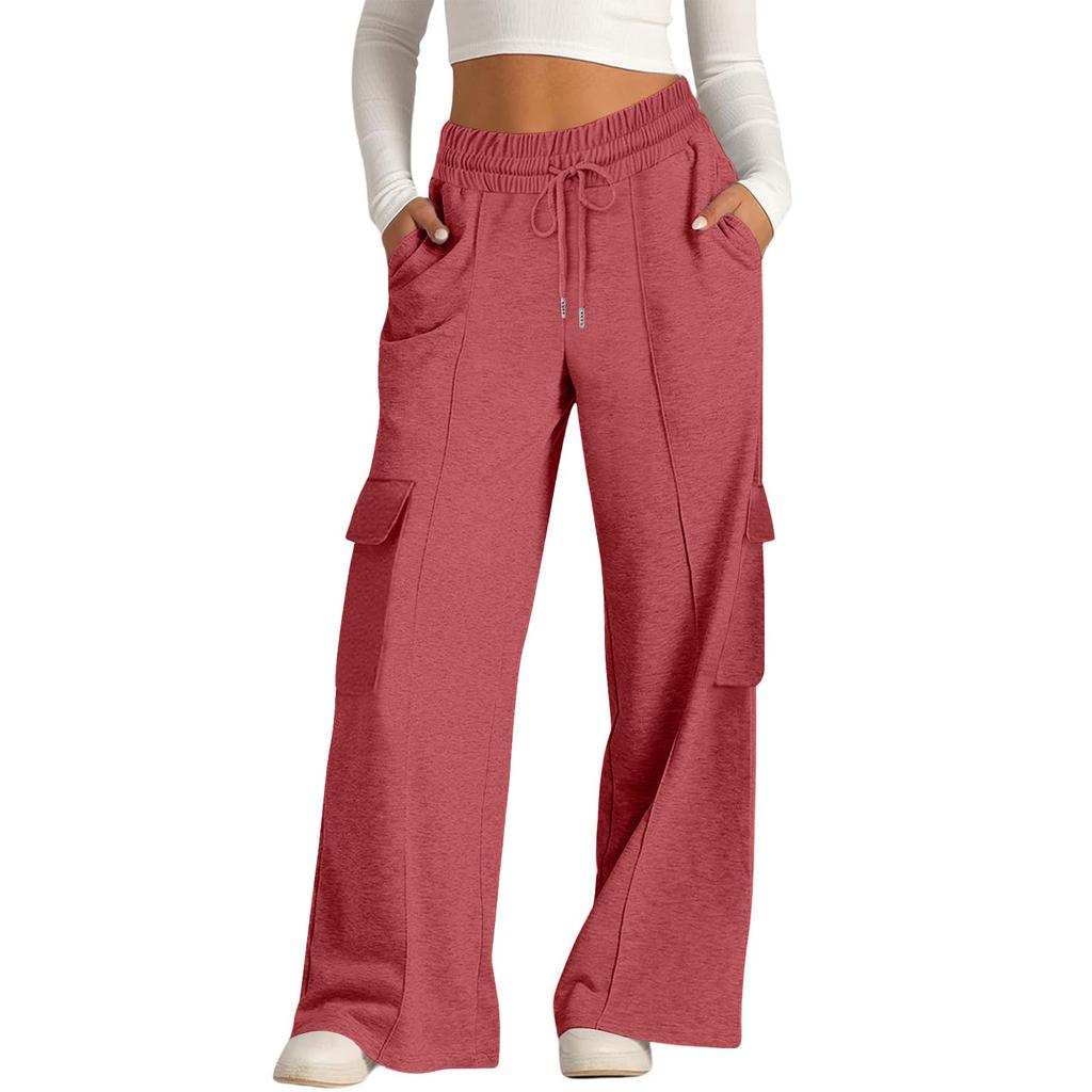 Women's Casual Fashion Solid Color Elastic Waist Drawstring Workwear Wide Leg Pants With Pockets