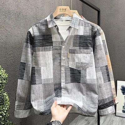 Men's Patchwork Plaid Button Down Shirt Loose Fit Casual Contrast Trim Long Sleeve Top