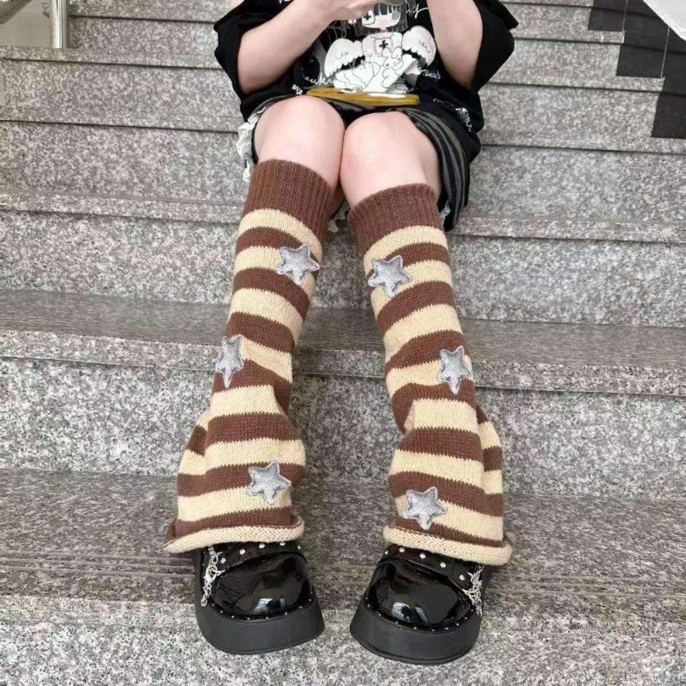 Star Decoration Knit Long Socks Striped Leg Warmers Vintage Boot Cuffs For Women