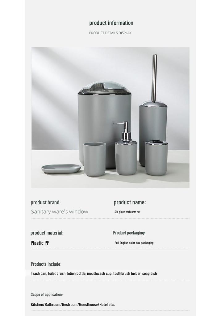 Bathroom Essentials: 6-Piece Set with Toothbrush Holder, Soap Dish, Toilet Brush, and Trash Can