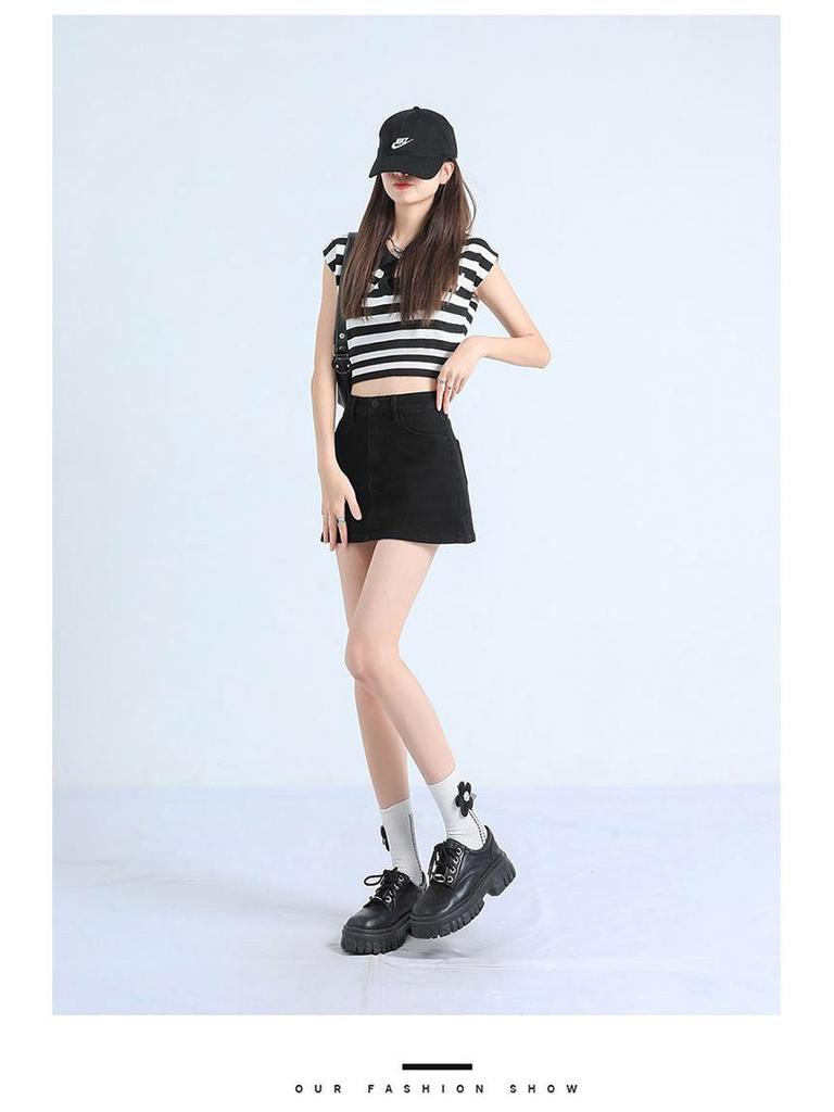 Women's High-Waist Stretch Retro Denim A-line Mini Skirt - Anti-Exposure, Hip-Hugging, Perfect for Spring/Summer Fashion