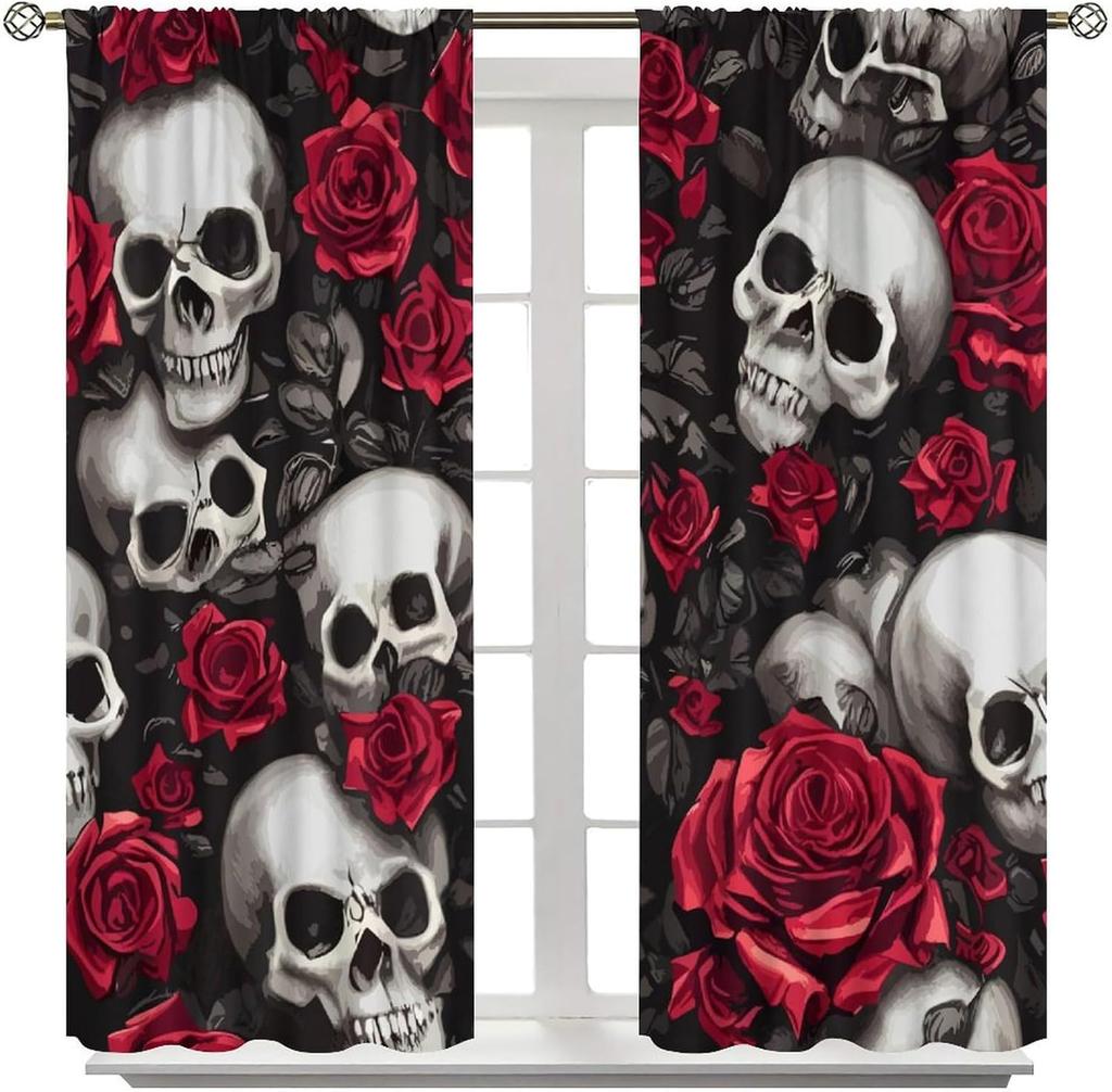 Vintage Skull Curtains Rose Flowers Wildflowers Halloween Theme Scary Curtain Bedroom Living Room Home With Rod Pocket Polyester Ideal For Sitting