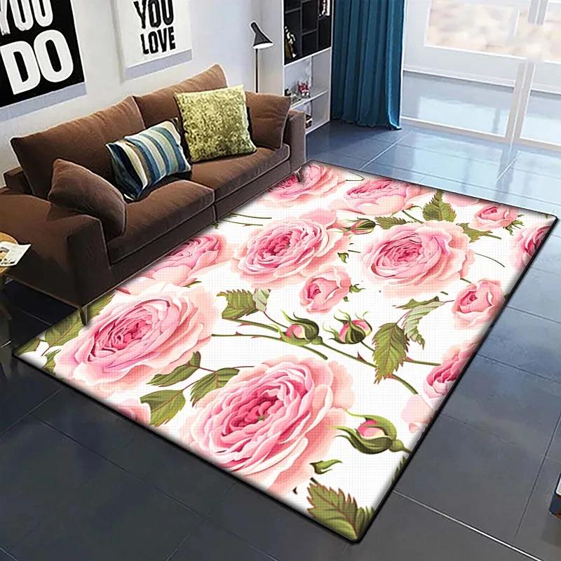 Rose Flower Print Carpet Living Room Rugs Anti-Slip Bedroom Bathroom Home Sofa Decor Floral Floor Mats Balcony Hallway Doormat