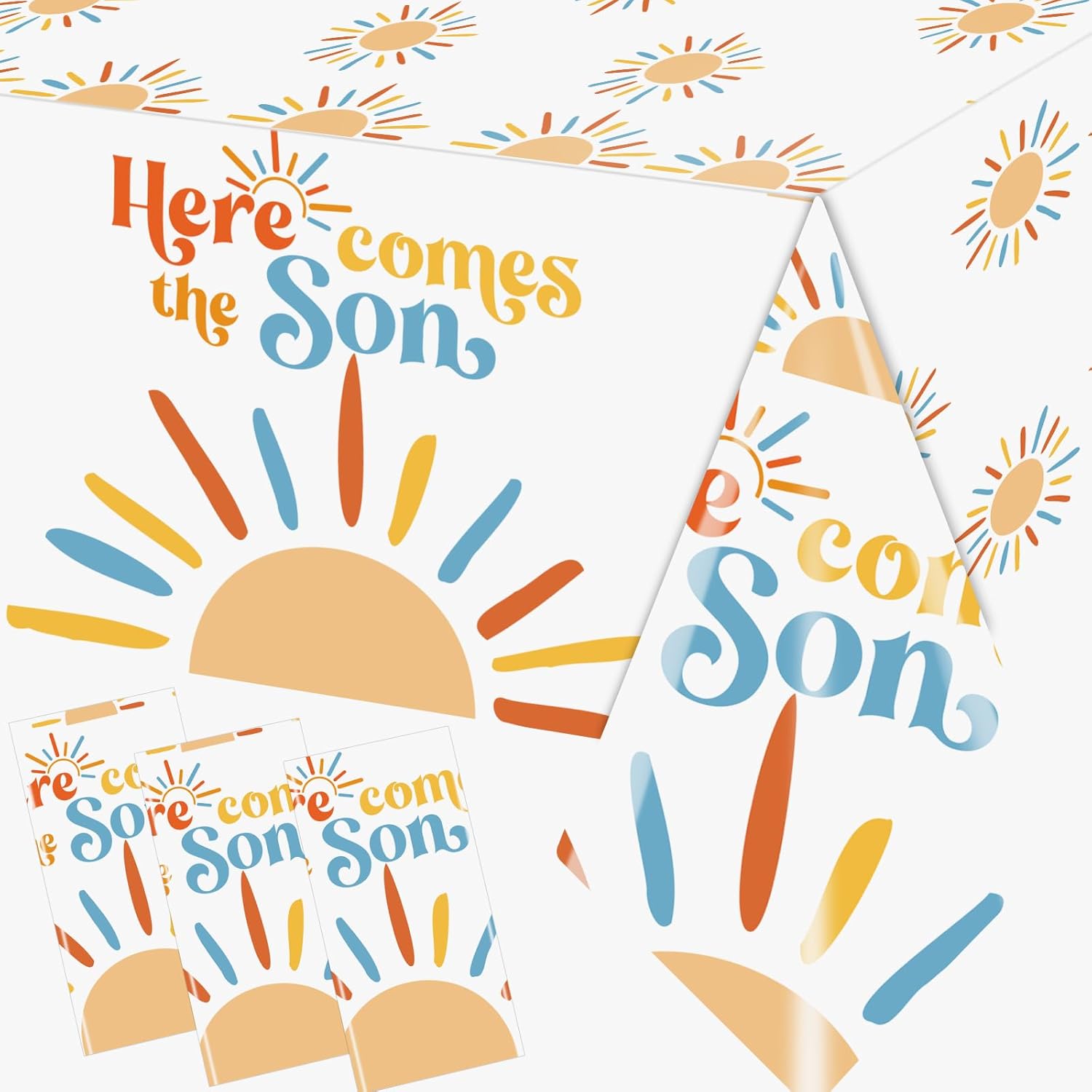 3Pcs Here Comes The Son Baby Shower Decorations Tablecloths Plastic Sunshine Table Covers Disposable Boho Sun Party Table Cloth for Boy, Here Comes