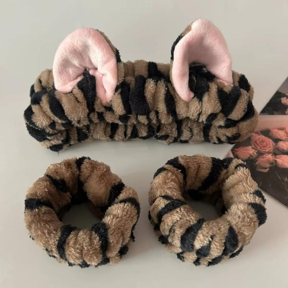 3pcs/set Leopard Print Cute Cat Ear Plush Headband Elastic Wrist Strap  For Women Girls