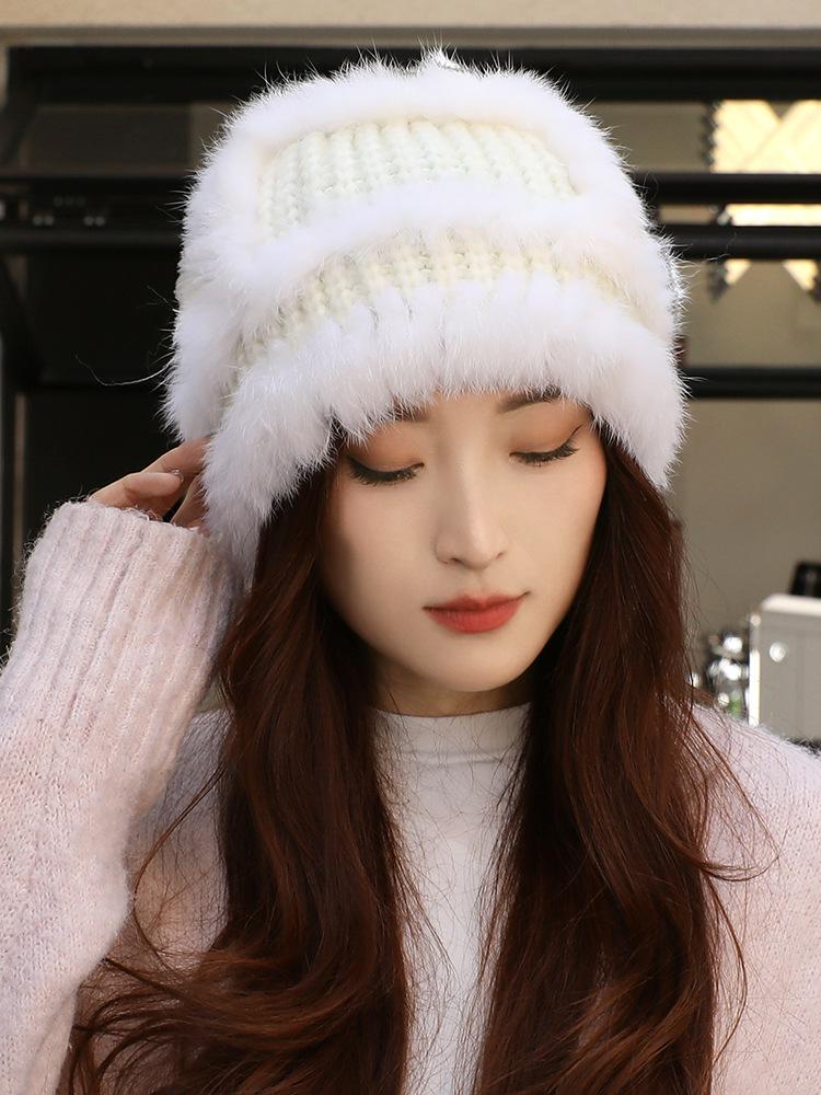 Rabbit Fur Knitted Bucket Hat Women's Autumn and Winter Ear Protection Warm Windproof Wool Hat Winter Hat
