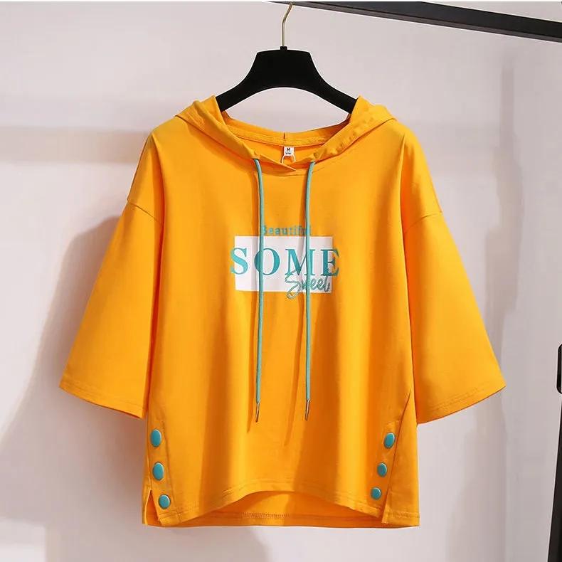Short Sleeve 7 / 3 Sleeve Hooded Sweater Women's Middle Sleeve Spring and Summer Korean Loose Hooded Top