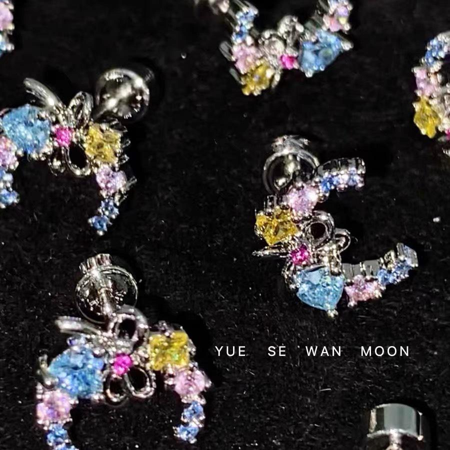 Moonlit Cat Crystal Crescent Earrings