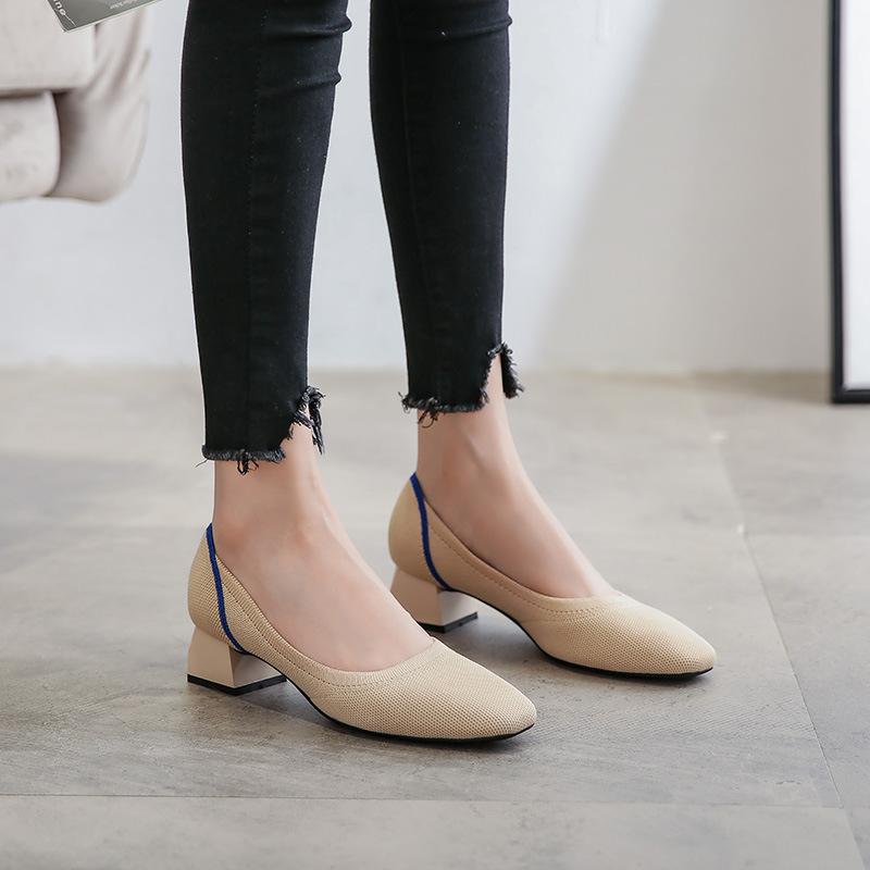 High Heel Square Head Single Shoes Women's Medium Heel Flying Weaving Leopard Print Women's Coarse Heel Comfortable Weaving High Heels