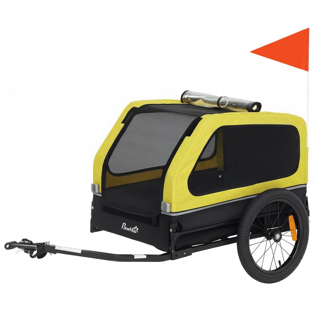 Dog Bike Trailer with Flip-Down Ramp Tailgate, Quick Release Frame, Universal Bicycle Coupler, Reflectors, Yellow