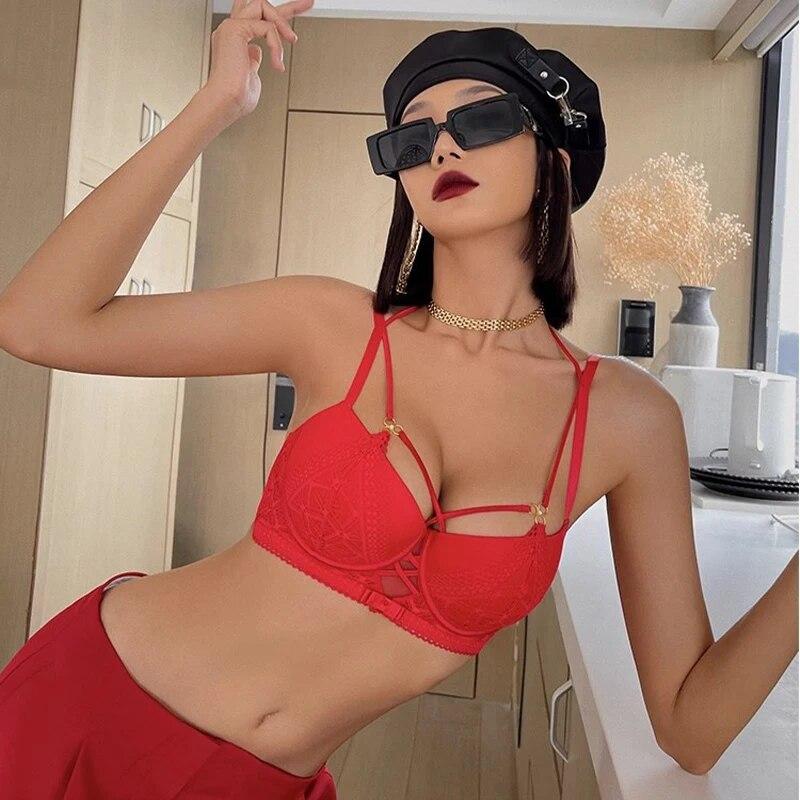 Set reggiseno push-up sexy cavo Set classico con fasciatura regolabile con cinturino alla caviglia Set intimo donna moda reggiseno in pizzo nero tentazione