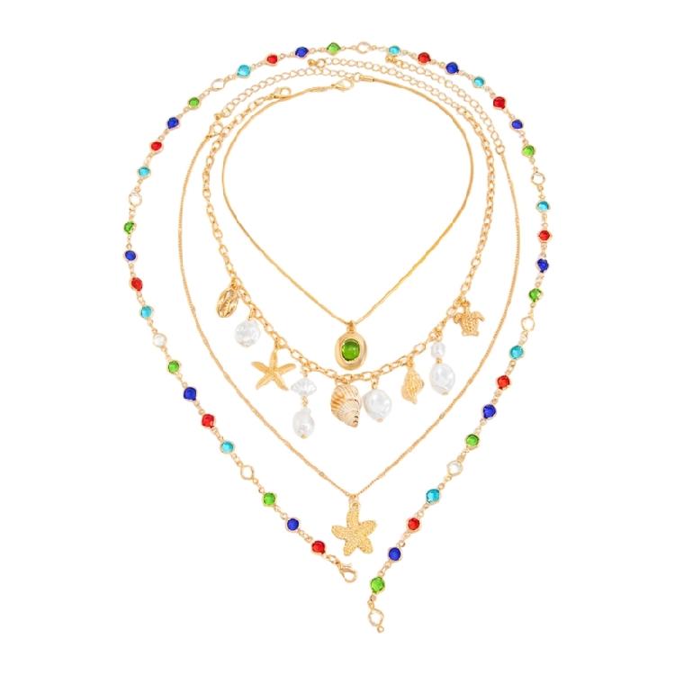 

4X Multilayer Beach Necklace Set Shell Starfish Pearls Mixed Chains Bohemian Jewelry Season Beach Shell Necklace 1