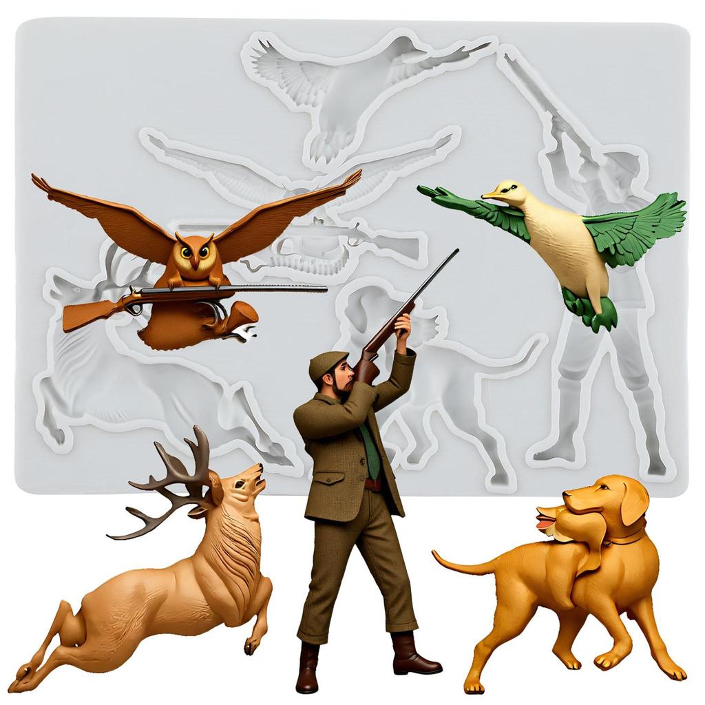 Hunter Animals Silicone Molds Deer Dog Owl Bird Fondant Mold Cake Decorating Tools Cupcake Topper Chocolate Candy Craft Gum Paste Polymer Clay