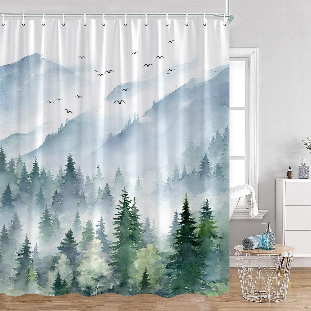 Misty Forest Shower Curtain For Bathroom Nature Mountain Trees Fog Woodland Polyester Fabric Bathtub Shower Curtain Home Decor