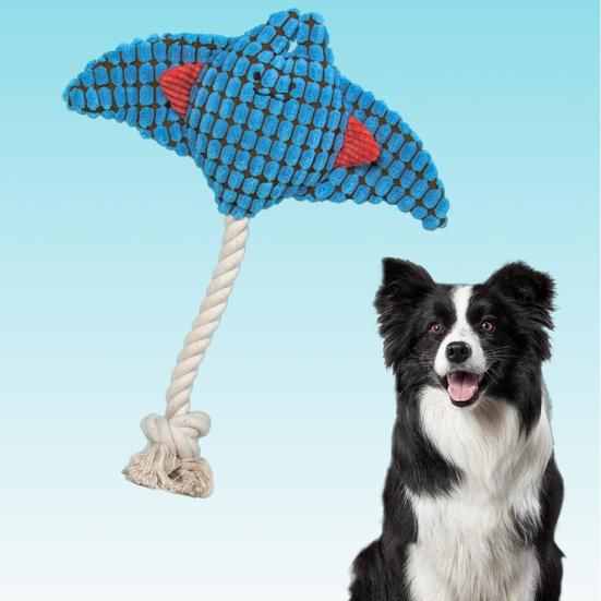 Plush Manta Ray Dog Chew Toy with Cotton Rope Squeaky Stuffed Sea Animal Plushie Boredom Reduction Dog Teething Interactive Toy