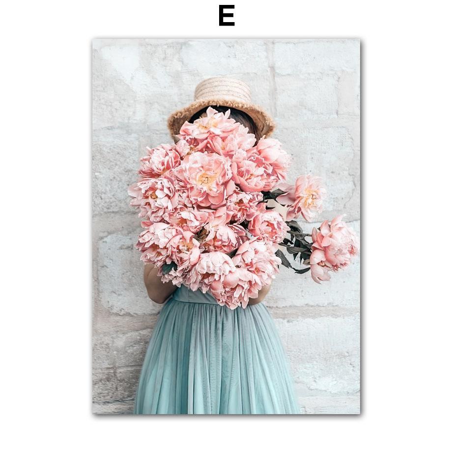 Pink Lily Rose Peony Girl Flowers Wall Art Canvas Painting Nordic Posters and Prints Pictures for Living Room Bedroom Home Decor