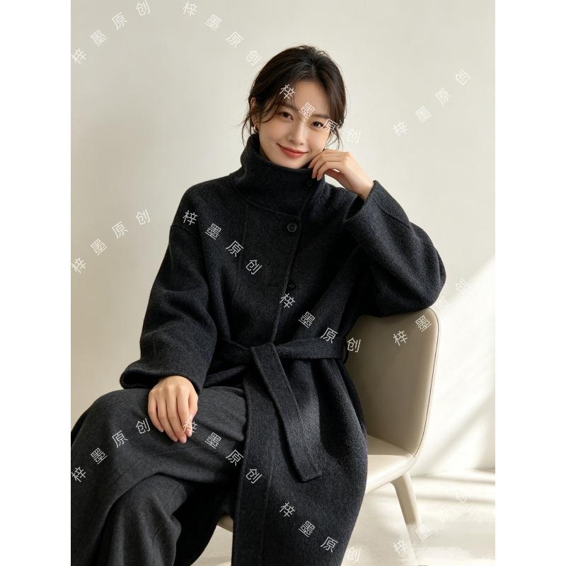 Classic autumn and winter stand-up collar loose and lazy thickened medium and long double-sided wool coat for women