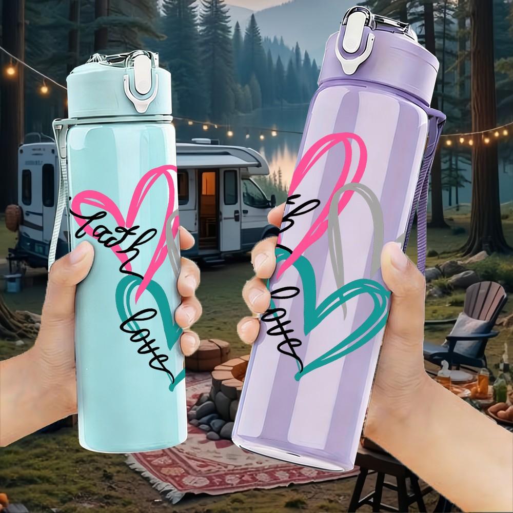 1PC Layered Paper Heart Love Print 750ml Color Plastic Sports Water Bottle Leakproof Flip Straw Lid Suitable for Sports Office Home Use