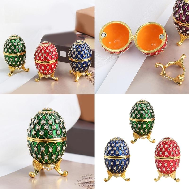 Ornament Elegant Ouă de Paște din Email Cutie de Bijuterii Handmade cu Cristale și Bijuterii cu Capac cu Balamale Accesorii pentru Decorarea Casei