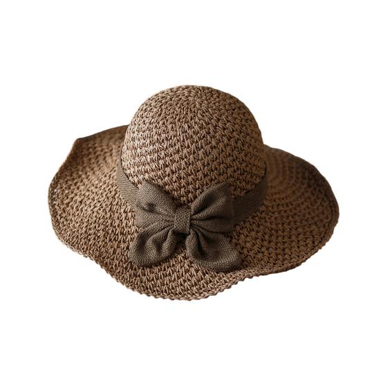 Straw Hat Hand-Knitted Natural Straw Wide Brim UV Protection Foldable Hat Bow Decor Portable Beach Sun Hat