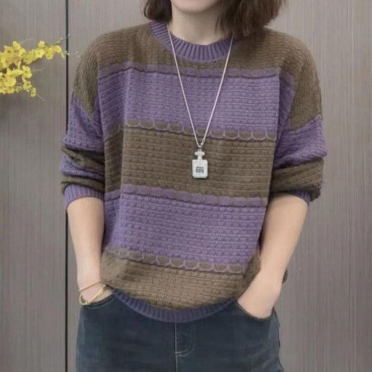 Gestreifter Strickpullover für Frauen mittleren Alters, lässiger Pullover für Frauen für den frühen Herbst