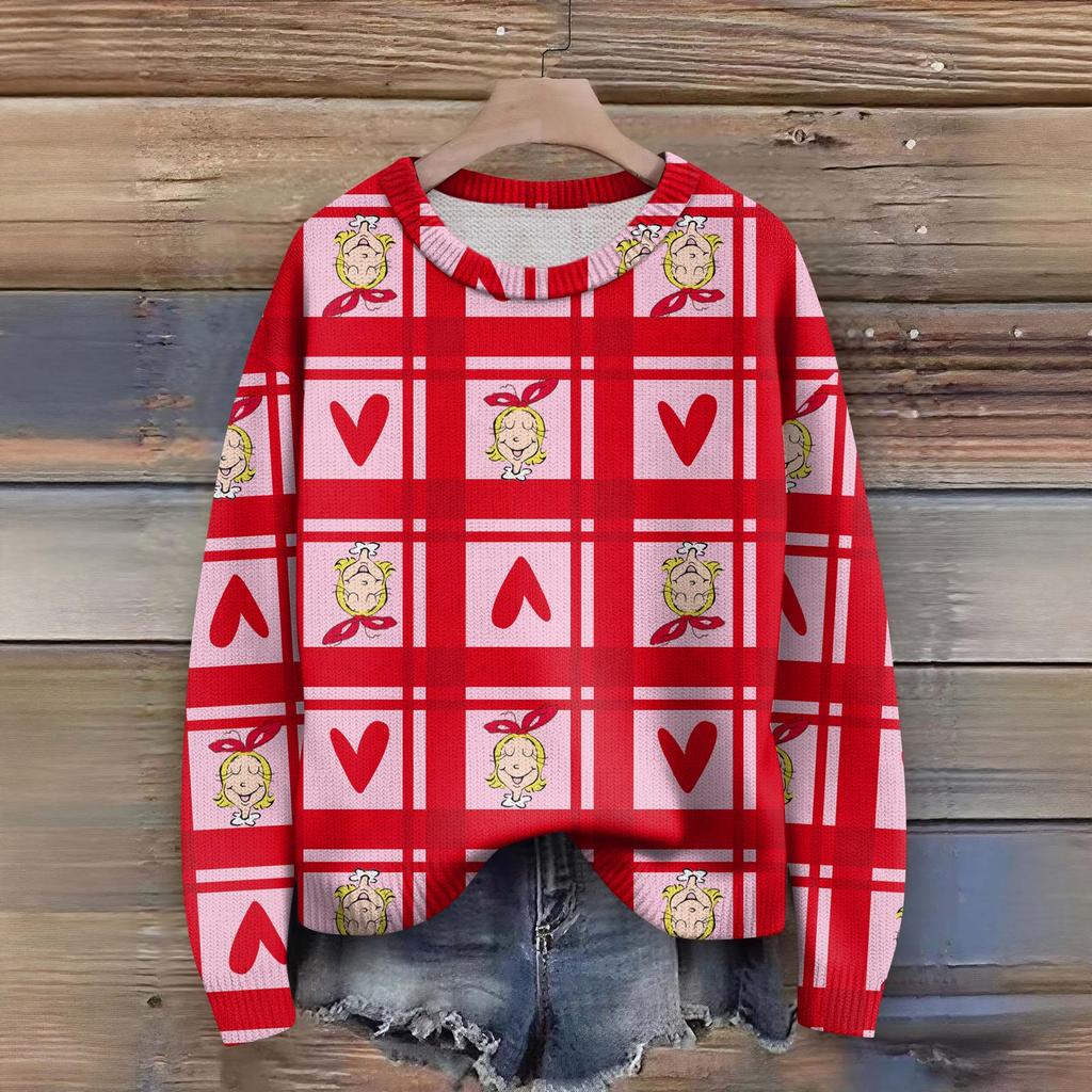 Long Sleeve Pullover Sweaters For Women O Neck Casual Cute Printing Knit Oversized Sweater