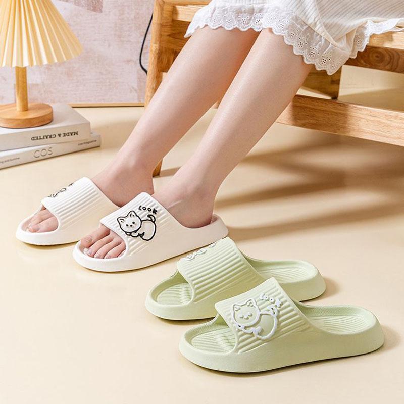 WTEMPO Lovely Couple Slippers Summer Thick Sole Makaron Color Cartoon Animal Stripe Flat Heel Soft Sole Indoor and Outdoor Bathroom Anti-slip Slippers