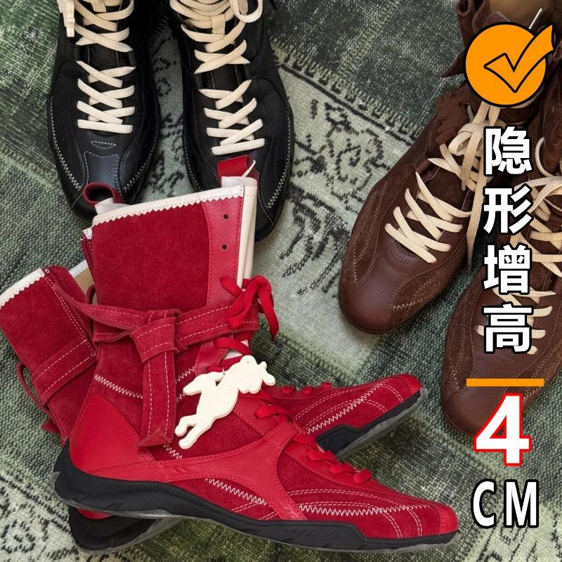 

Cowhide~ Retro Boxing Boots Women s Leather Inner Heightening Boots Lace-up Martin Boots Thick Boots Medium Boots Short Boots 40