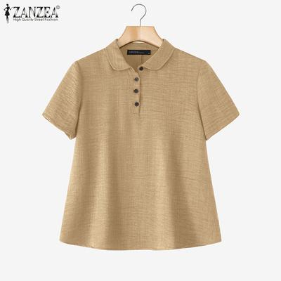 Women Casual Turn Down Collar Loose Summer Short Sleeve Blouse