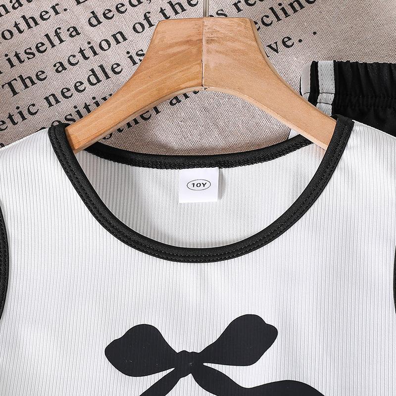 Dívčí stylový ležérní oblek 2025 léto Dětský ležérní pruhovaný kalhotový kostým s vestou s mašlí