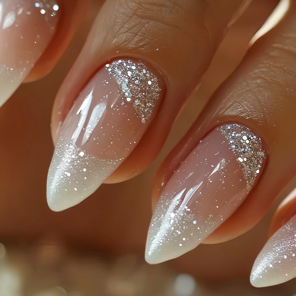 

24 шт. Простые белые накладные ногти френч с клеем, глиттером, пайетками, градиентные миндалевидные накладные ногти, носимые, полное покрытие, Ins ногти