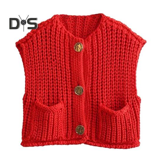 Women Sweater Vest V-neck Sleeveless Button Down Cardigan with Pockets Solid Color Loose Fit Crochet Knit Tops