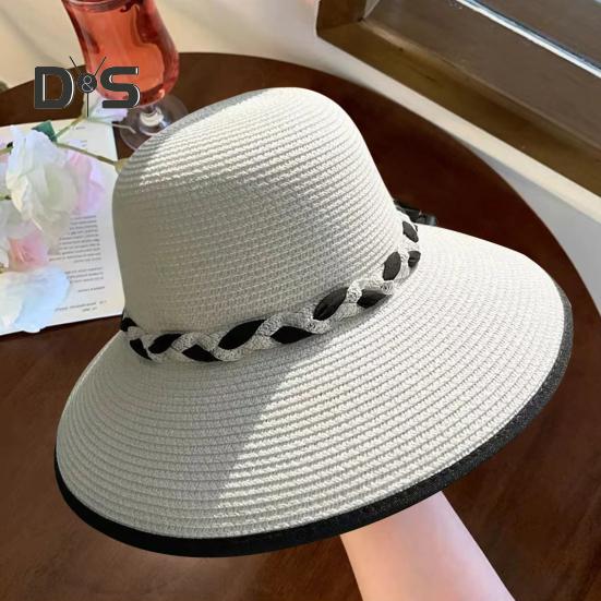 Sommer-Sonnenhut mit breiter Krempe, geflochtenem Seildekor, Strandhut, UV-Schutz, größenverstellbar, Schweißbänder, Damen-Strohhut