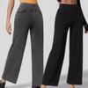 Women Jeans Elastic High Waist Slim Fit Slightly Flared Wide Leg Long Denim Pants with Pockets Solid Color Jeans