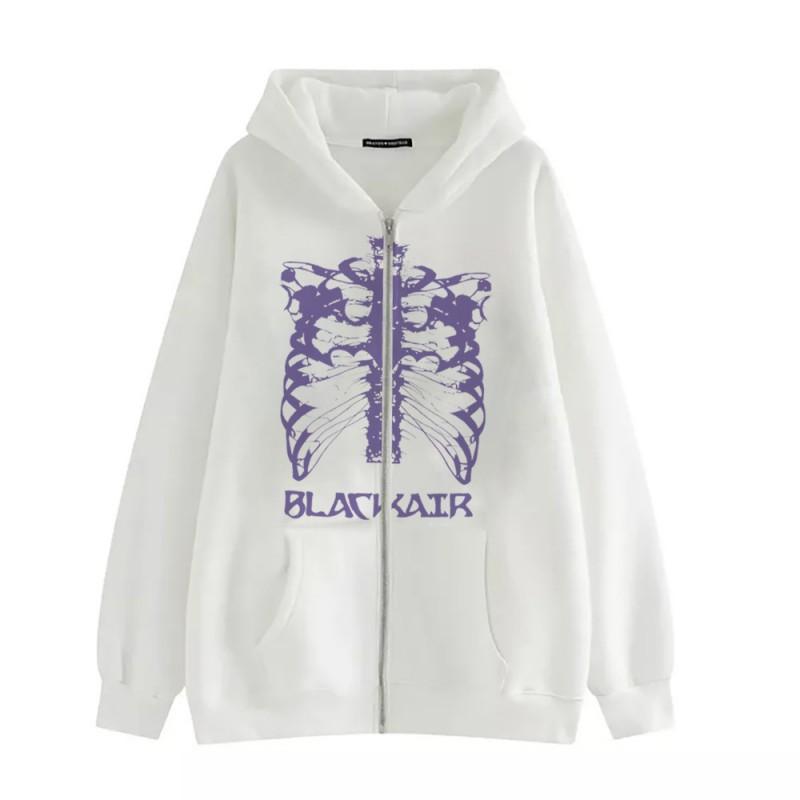 Y2K Skeleton Print Zip-Up Hoodie Womens Oversized Streetwear Sweatshirt 90s Retro Graphic Pullover