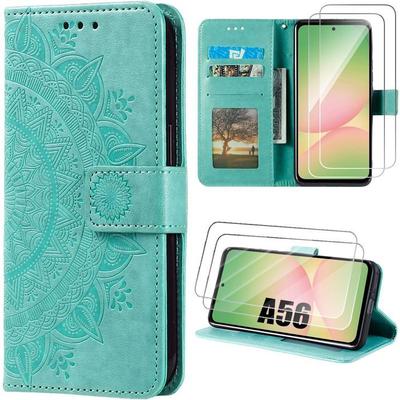 Hülle für Samsung Galaxy A56 5G - BOOLING - Stoßfestes Synthetikleder Mandala-Muster Grün - 2 Panzergläser