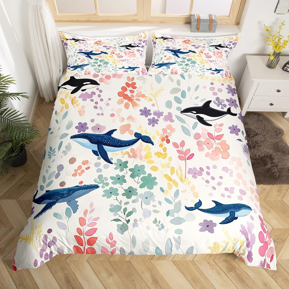 

Colorful Floral Animal Duvet Cover Queen Size Cute Pet Lover Bedding Set Kids Gift Girls Boys Rainbow Floral Bedding Set 3 Pcs EU Single(135x200cm)