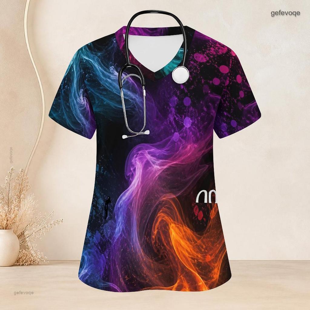 Women Plus Size V Neck Short Sleeve Nebula Printed Nurse Scrub Top With Front Pockets