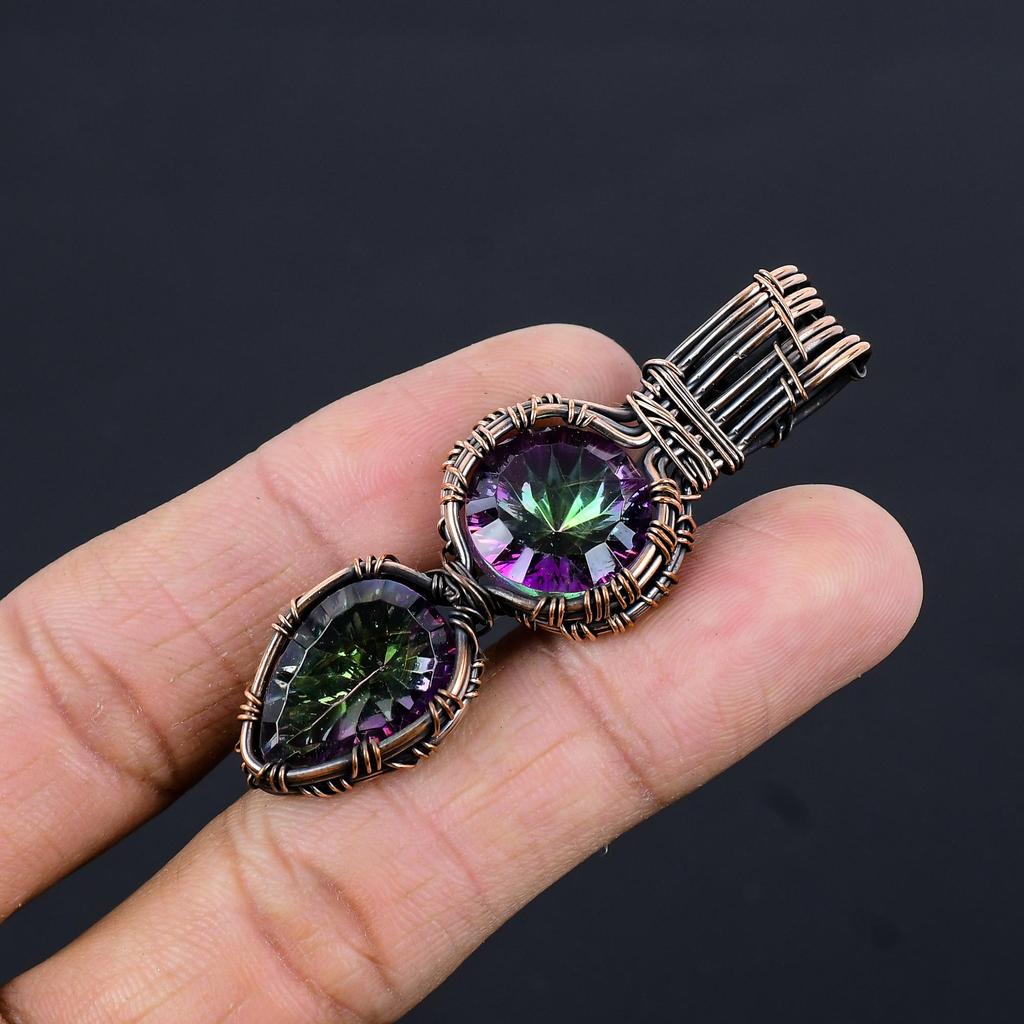 Rainbow Mystic Topaz Pendant, 999 Copper Wire Wrapped Gemstone Jewelry, Handmade Pendant, For Thanksgiving