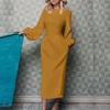 Women's Casual Fashion Long Sleeve Sexy Round Neck Solid Color Waist Dress